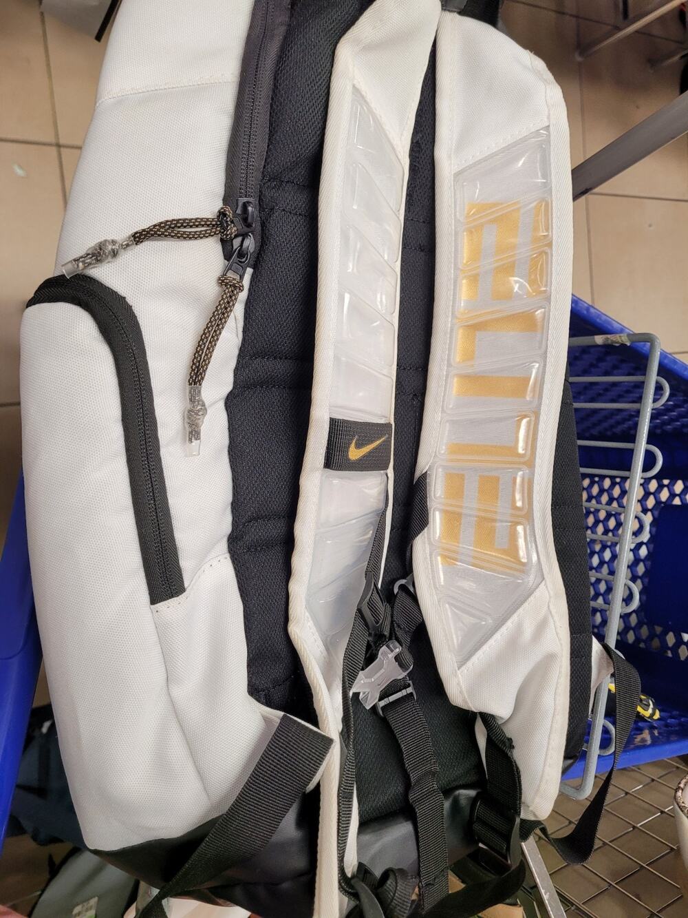 Nike Elite Large 25L Zip Backpack 3 Pockets Gym White Black Gold Logo